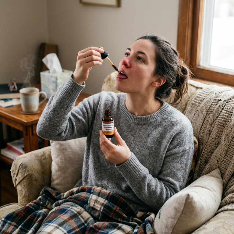 Replace bed scene with person taking tincture red nose